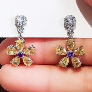 🌼Canary Yellow Cz Diamond DAISY Drop Flower Earrings